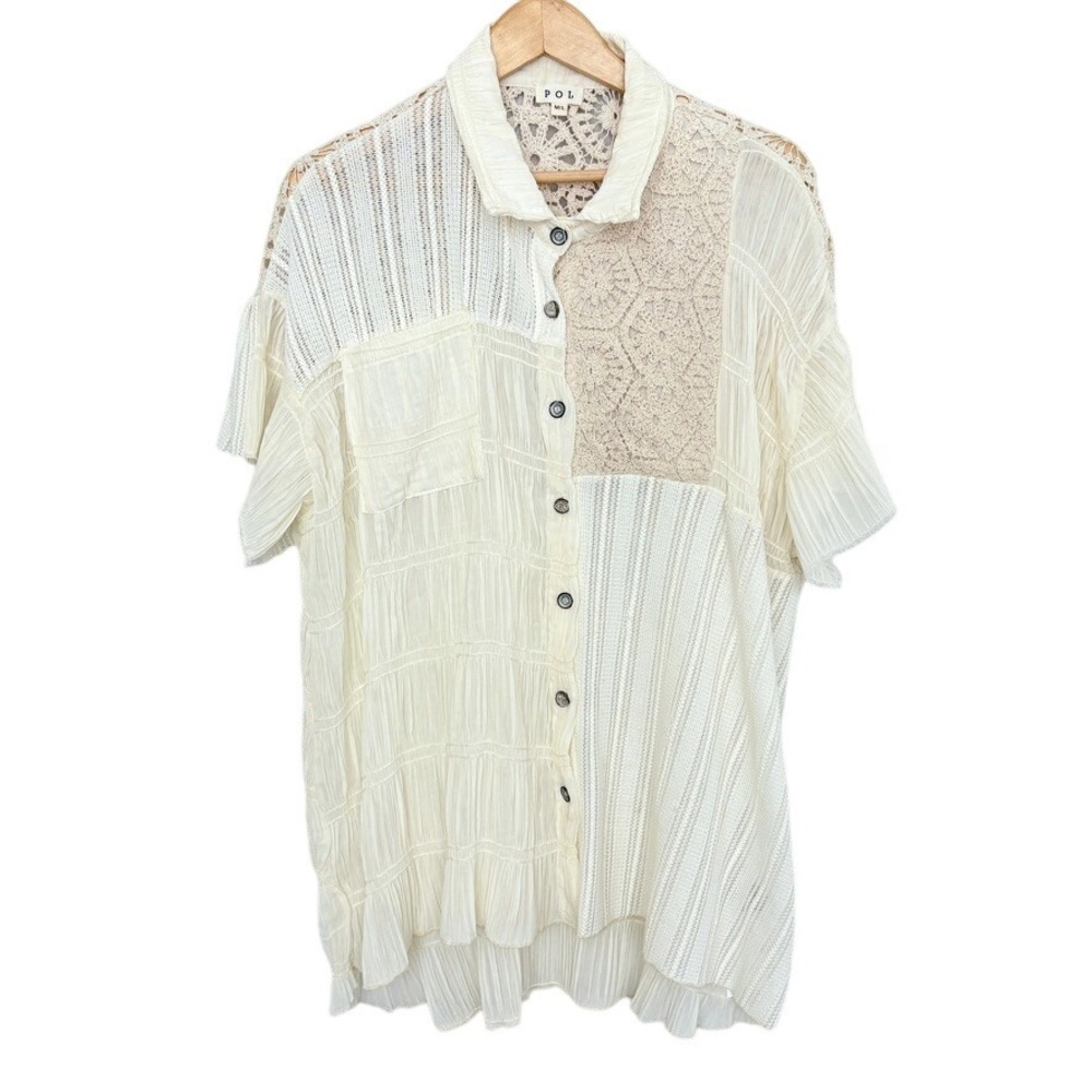 POL Cream Crochet Lace Patchwork Pleated Ruffle cottage Button Up Shirt Top M L